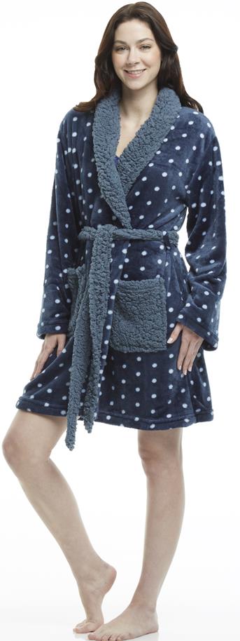 Ladies Plush Robe - Navy Dot