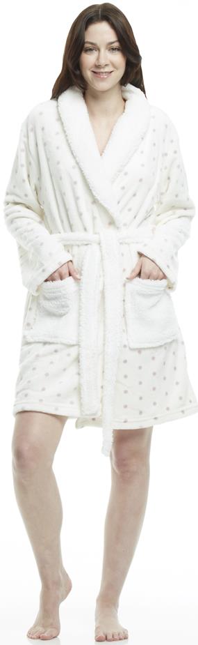 Ladies Plush Robe - Ivory Dot