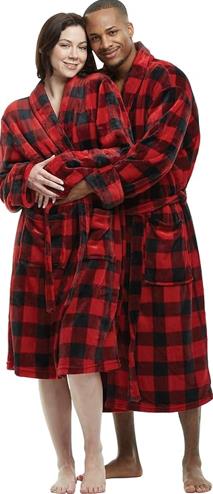 Buffalo plaid robe worn